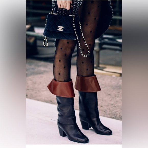 CHANEL 2020 Runway Two Tone Leather Musketeer Western Foldover Tall Boots Heels - Picture 1 of 6